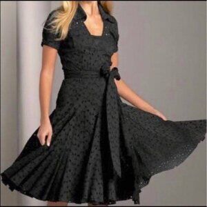 DVF black EYELET LACE SHORT SLEEVE belted cotton wrap shirt DRESS 2